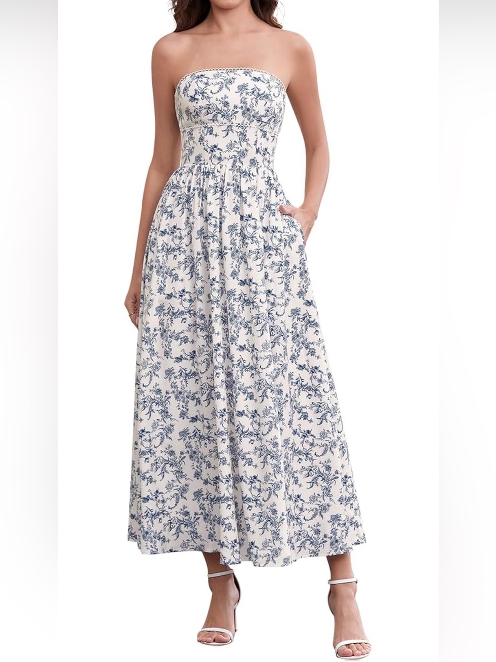 Strapless White and Blue Floral Maxi Dress w/ Pockets NWT LARGE